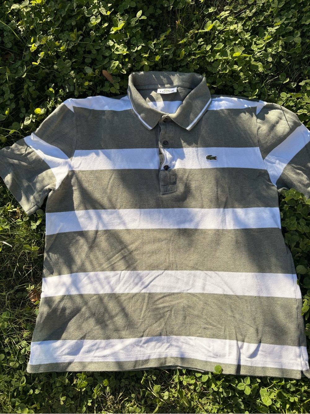 Lacoste Olive Green and White Wide-Stripe Polo
